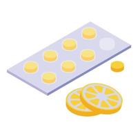 vector isométrico del icono de las píldoras antivirales de limón. protección de remedio