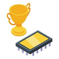 Gold cup processor icon isometric vector. Laptop code vector