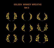 Golden silhouettes of winner wreaths. Laurel garlands, competition award crowns of penannular or horseshoe shape. Victory, organic herb, good choice or skill. Jubilee, reward, quality sign vector