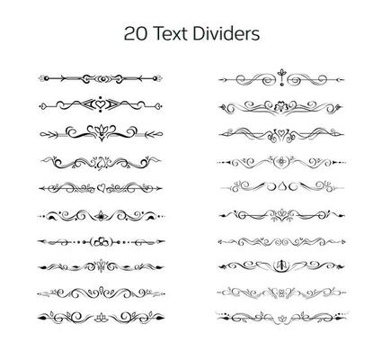 Set of hand drawn text dividers, line borders, vignettes. Elegant lines, borders, separators, page decor, or for making frames. Easily editable floral ornate design elements for web and prints