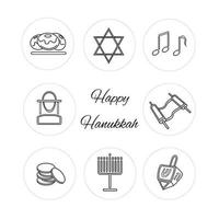 Hanukkah icon set, hanukkiah chandelier, sufganiyot doughnuts, music, coins, dreidel spinning top, rabbi, Star of David, Torah, Happy Hanukkah in English. White symbols with black outline vector