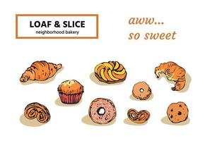 Colorful sketchy bread and bakery items. Retro style. Collection of realistic isolated doodle design elements - croissants, cookie, doughnut, apple tart, muffin, shortbread, palmiers vector