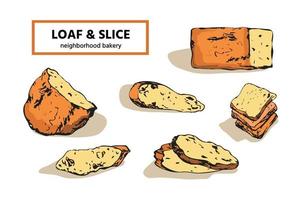 Colorful sketchy bread, loaf, slice. Retro style. Collection of realistic isolated hand drawn design elements vector