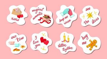 Set of colorful Saint Valentine's Day stickers for lovers, in white clouds, special romantic hand lettering phrases, messages, symbols - hearts, candles, sweets, mittens, card, stars, gift present box vector