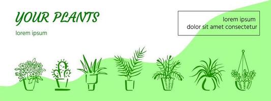 Green banner or header with various potted room plants. Sketchy vector design element with image, text, and copyspace for web, prints