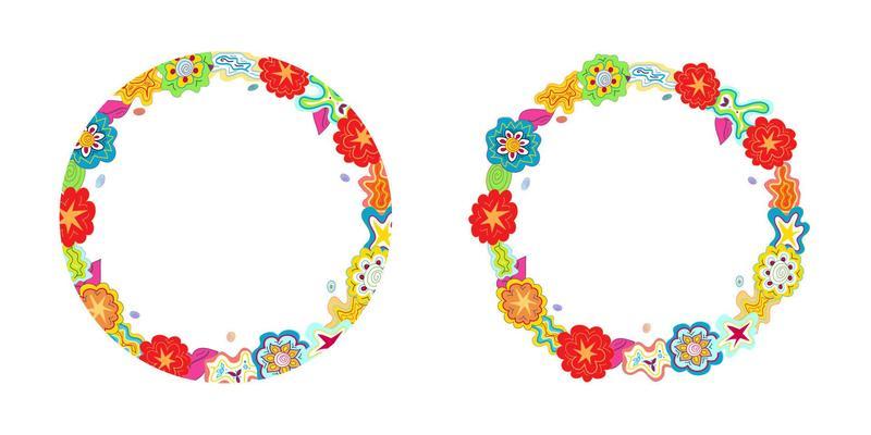 Hand-drawn multicolour doodle circular outlines, frames made of flower, star, cloud shapes. Copy space child drawing. Editable tangle template, boho ethnic design element, clipart for prints