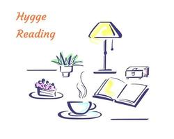 Home hygge, cozy interior objects, relax mood. Hand-drawn brush doodles - lamp and book, casket, potted plant, tea or coffee and pie or cake