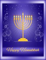 Golden hanukkiah chandelier with burning candles on dark blue shiny gradient bokeh background with rays and stars, greeting for Jewish religious festival of light and dedication, words Happy Hanukkah vector