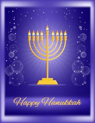 Golden hanukkiah chandelier with burning candles on dark blue shiny gradient bokeh background with rays and stars, greeting for Jewish religious festival of light and dedication, words Happy Hanukkah