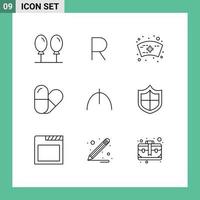 Pack of 9 Modern Outlines Signs and Symbols for Web Print Media such as security antivirus medical turkmenistan manat Editable Vector Design Elements