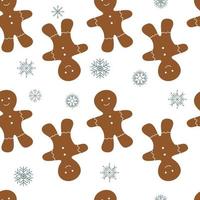 Christmas cookies men seamless pattern on white background, snowflakes and cookies in cartoon style vector