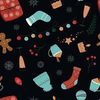 Christmas seamless pattern on black background, Christmas things chaotic cartoon holiday things vector