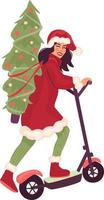 Female Santa with a Christmas tree on a kick scooter. Cute Xmas characters isolated on white background. Winter holidays vector illustration.