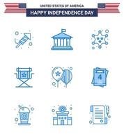 USA Independence Day Blue Set of 9 USA Pictograms of balloons star badge movies chair Editable USA Day Vector Design Elements