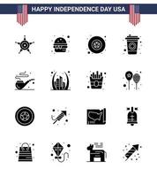 Set of 16 Vector Solid Glyphs on 4th July USA Independence Day such as arch smoke badge pipe cola Editable USA Day Vector Design Elements