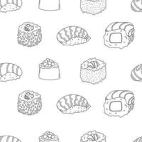 Seamless pattern from sketches of sushi and rolls. Linear, minimalistic background. Sushi with avocado and salmon, rolls, wasabi, ginger. vector