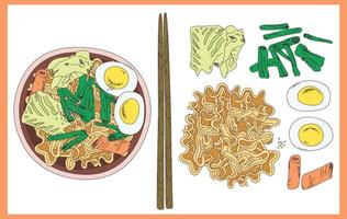 un plato de ramen y palillos. bosquejo. ilustración vectorial Ingredientes de sopa de fideos thukpa de pollo, receta. estilo grabado. fideos en un tazón. sopa de fideos de comida rápida asiática. tom yam fo udon kimchi vector