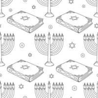 Hanukkah black and white seamless pattern with menorah and torah. Vector hand drawn illustration.