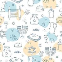 Seamless pattern with decorative elements of Jewish holiday Hanukkah. Various objects of Jewish festival concept. Vector illustration.