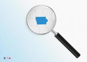 Magnifier with map of Iowa on abstract topographic background. vector