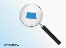 Magnifier with map of North Dakota on abstract topographic background. vector