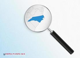 Magnifier with map of North Carolina on abstract topographic background. vector