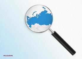 Magnifier with map of Russia on abstract topographic background. vector