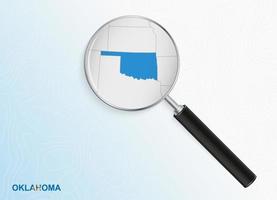 Magnifier with map of Oklahoma on abstract topographic background. vector