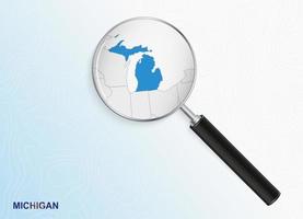 lupa con mapa de michigan sobre fondo topográfico abstracto. vector