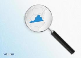 Magnifier with map of Virginia on abstract topographic background. vector