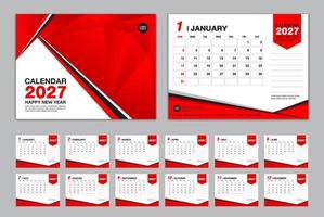 Calendar 2027 template set vector, Week starts Sunday, set of 12 month, Desk calendar 2027 year, wall calendar 2027, planner,  business template, Stationery, printing media, Red polygon background vector