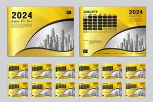 Calendar 2024 template set vector, Week starts Sunday, set of 12 month, Desk calendar 2024 year, wall calendar 2024, planner,  business template, Stationery, printing media, gold creative background vector