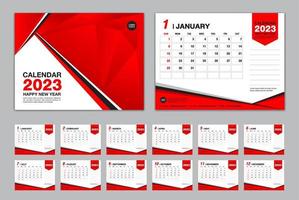 Calendar 2023 template set vector, Week starts Sunday, set of 12 month, Desk calendar 2023 year, wall calendar 2023, planner,  business template, Stationery, printing media, Red polygon background vector