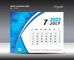 plantilla de julio de 2023: calendario de escritorio plantilla de año 2023, calendario de pared año 2023, semana comienza el domingo, diseño de planificador, diseño de papelería, diseño de volante, medios de impresión, vector de fondo de curva azul