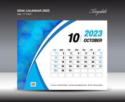 plantilla de octubre de 2023: calendario de escritorio plantilla de año 2023, calendario de pared año 2023, semana comienza el domingo, diseño de planificador, diseño de papelería, diseño de volante, medios de impresión, vector de fondo de curva azul