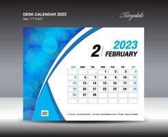 febrero de 2023 plantilla- calendario de escritorio plantilla de año 2023, calendario de pared año 2023, semana comienza el domingo, diseño de planificador, diseño de papelería, diseño de volante, medios de impresión, vector de fondo de curva azul