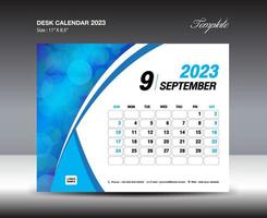 plantilla de septiembre de 2023: calendario de escritorio plantilla de año 2023, calendario de pared año 2023, semana comienza el domingo, diseño de planificador, diseño de papelería, diseño de volante, medios de impresión, vector de fondo de curva azul