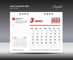 plantilla de marzo de 2023: calendario de escritorio plantilla de año 2023, calendario de pared año 2023, semana comienza el domingo, diseño de planificador, diseño de papelería, diseño de volante, medios de impresión, diseño de concepto rojo vector