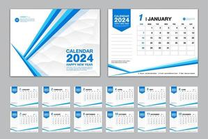 vector de conjunto de plantillas de calendario 2024, la semana comienza el domingo, conjunto de 12 meses, calendario de escritorio 2024 año, calendario de pared 2024, planificador, plantilla de negocios, papelería, medios de impresión, fondo de polígono azul