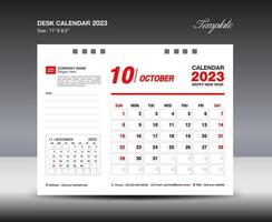 plantilla de octubre de 2023: calendario de escritorio plantilla de año 2023, calendario de pared año 2023, semana comienza el domingo, diseño de planificador, diseño de papelería, diseño de folletos, medios de impresión, diseño de concepto rojo vector