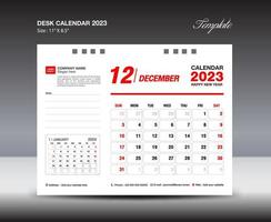 plantilla de diciembre de 2023: calendario de escritorio plantilla de año 2023, calendario de pared año 2023, semana comienza el domingo, diseño de planificador, diseño de papelería, diseño de volante, medios de impresión, diseño de concepto rojo vector