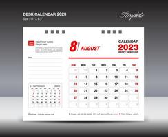 plantilla de agosto de 2023: calendario de escritorio plantilla de año 2023, calendario de pared año 2023, semana comienza el domingo, diseño de planificador, diseño de papelería, diseño de folletos, medios de impresión, diseño de concepto rojo vector