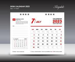 plantilla de julio de 2023: calendario de escritorio plantilla de año 2023, calendario de pared año 2023, semana comienza el domingo, diseño de planificador, diseño de papelería, diseño de folletos, medios de impresión, diseño de concepto rojo vector