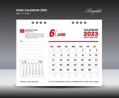 plantilla de junio de 2023: calendario de escritorio plantilla de año 2023, calendario de pared año 2023, semana comienza el domingo, diseño de planificador, diseño de papelería, diseño de folletos, medios de impresión, diseño de concepto rojo vector