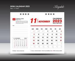 plantilla de noviembre de 2023: calendario de escritorio plantilla de año 2023, calendario de pared año 2023, semana comienza el domingo, diseño de planificador, diseño de papelería, diseño de volante, medios de impresión, diseño de concepto rojo vector