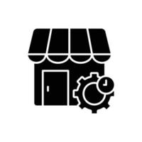 Store icon illustration with gear and time. glyph icon style. suitable for store repair icon. icon related to e-commerce. Simple vector design editable. Pixel perfect at 32 x 32