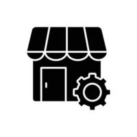 Store icon illustration with gear. glyph icon style. suitable for store repair icon. icon related to e-commerce. Simple vector design editable. Pixel perfect at 32 x 32