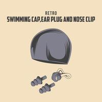 Retro Swimming Cap, Ear Plug, Nose Clip Vector