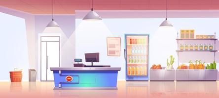 Grocery store with cashier desk empty interior vector