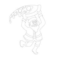 happy santa jumping with giant pizza slice, coloring page for kids. vector
